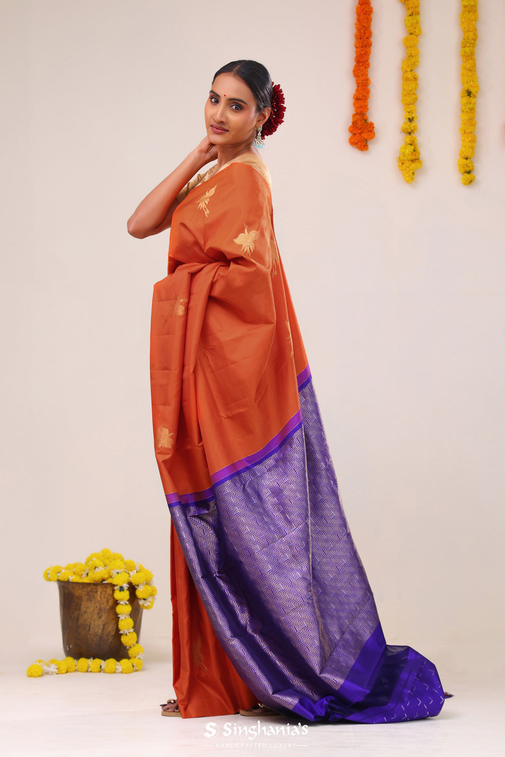 Chinese Orange Stork Kanjivaram Silk Saree