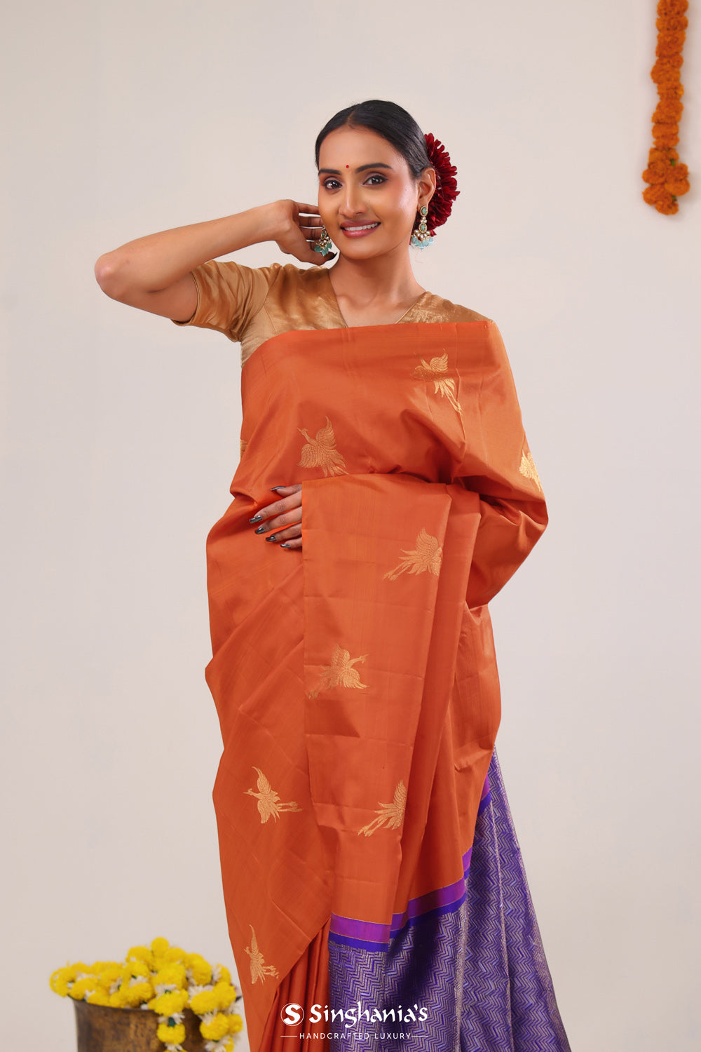 Chinese Orange Stork Kanjivaram Silk Saree