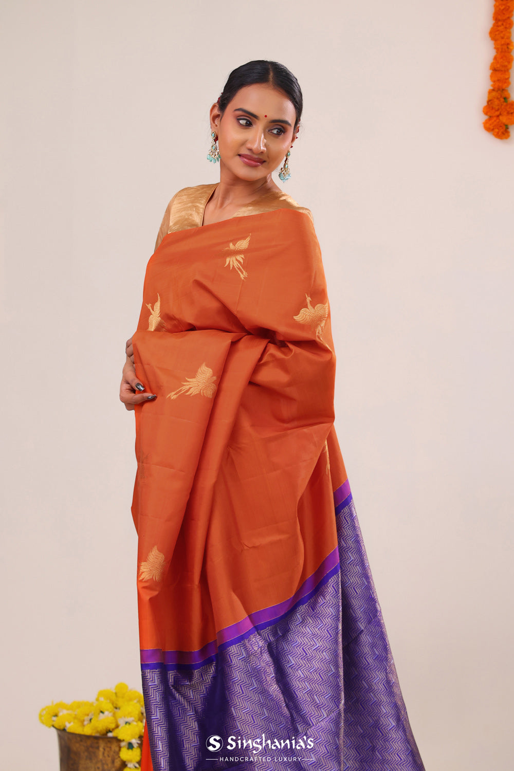 Chinese Orange Stork Kanjivaram Silk Saree