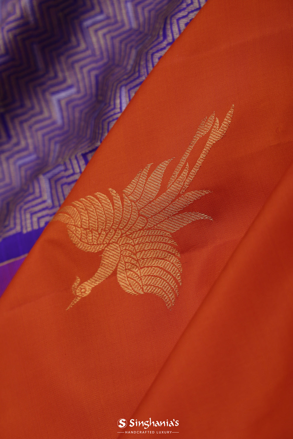 Chinese Orange Stork Kanjivaram Silk Saree