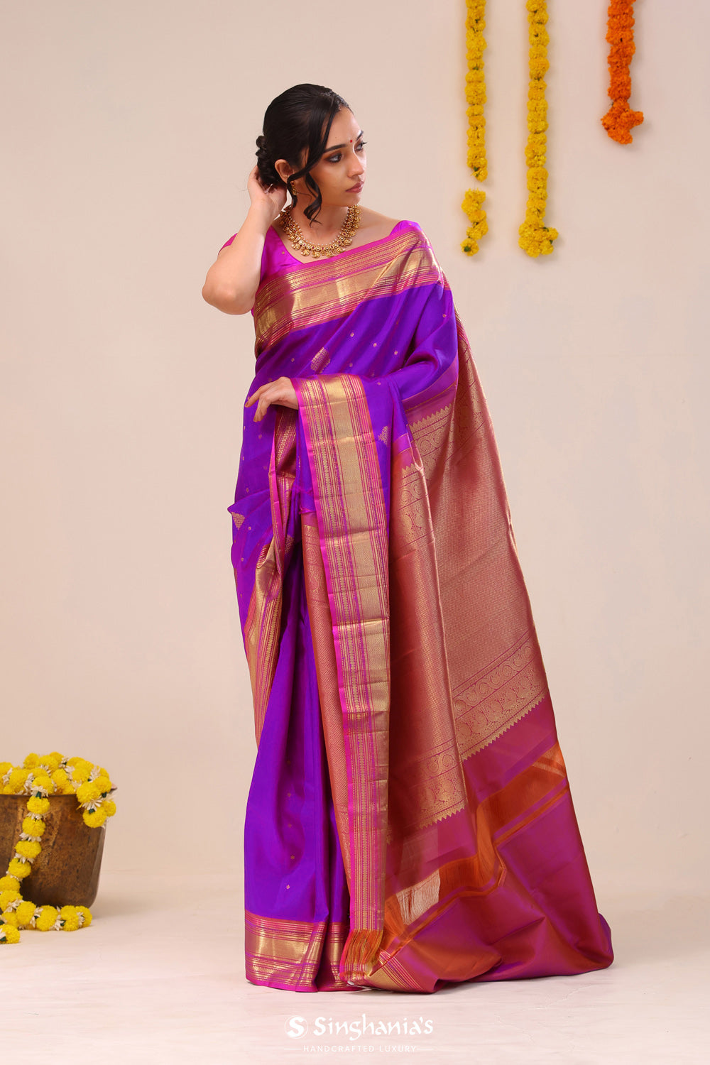 Dark Violet Butta Kanjivaram Silk Saree