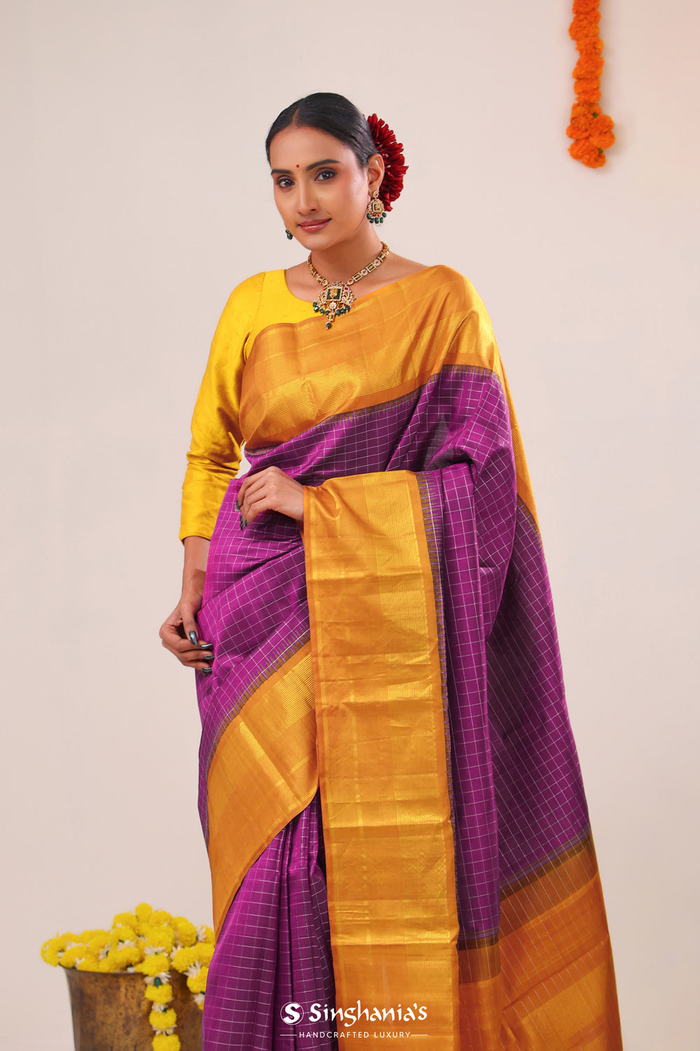 Deep Magenta Checks Kanjivaram Silk Saree