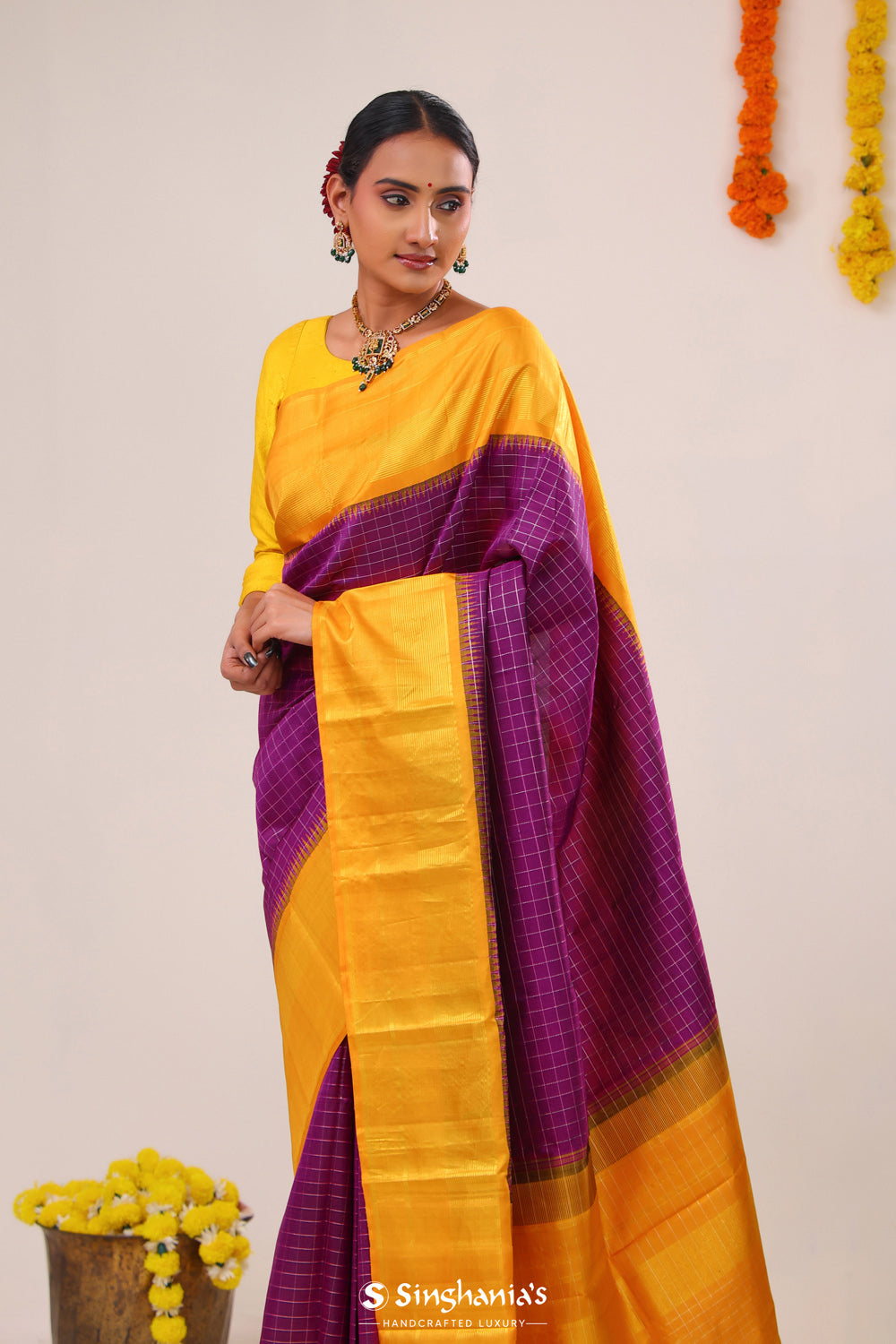 Deep Magenta Checks Kanjivaram Silk Saree