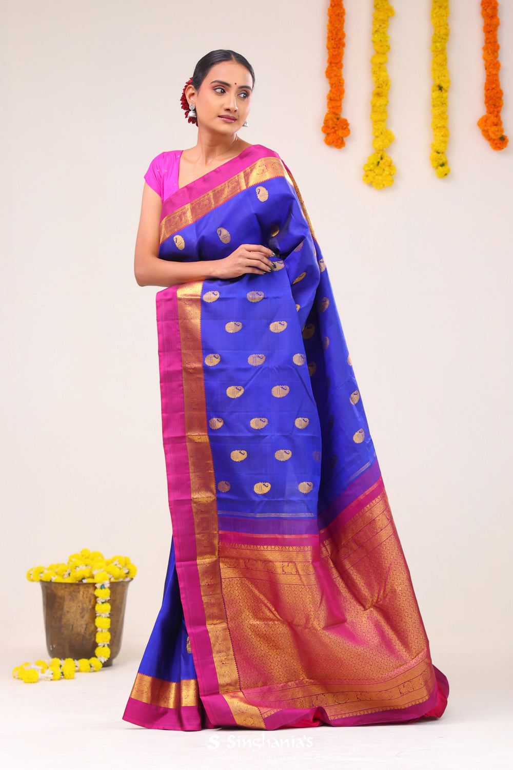 Admiral Blue Paisley Kanjivaram Silk Saree