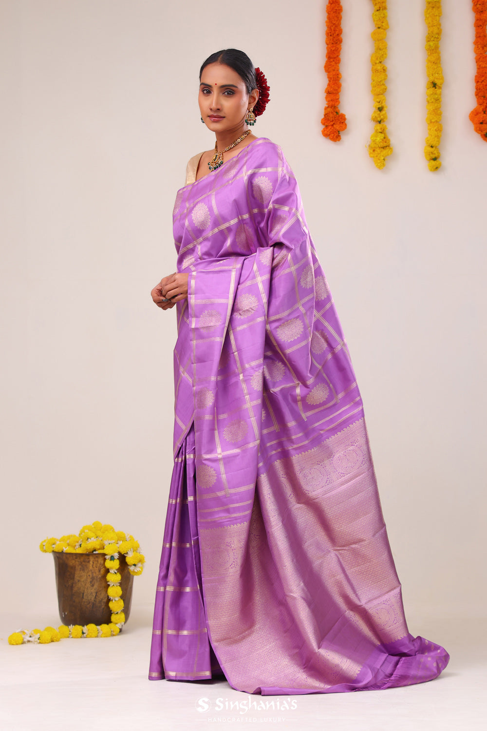 French Mauve Checks-Chkara Kanjivaram Silk Saree