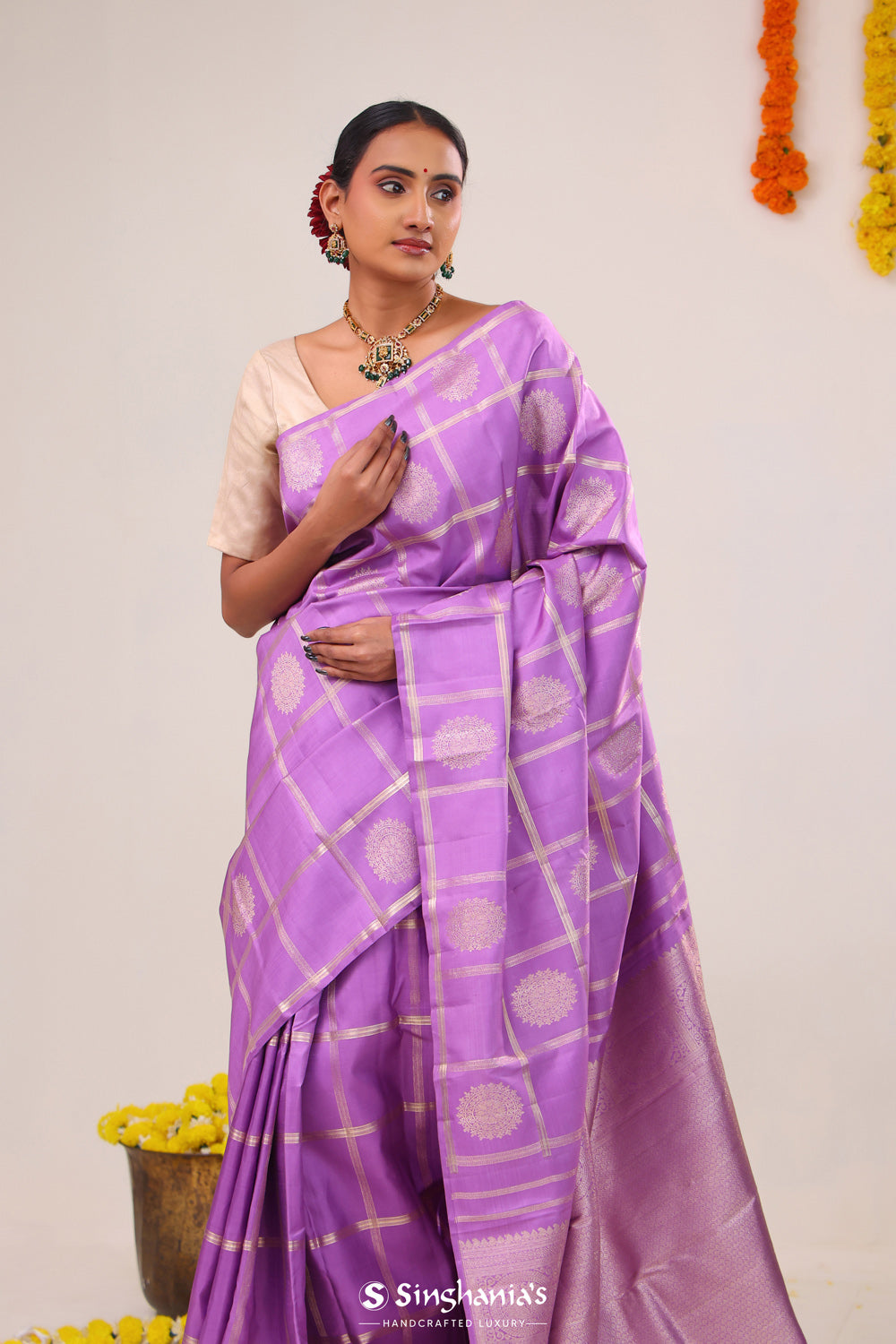 French Mauve Checks-Chkara Kanjivaram Silk Saree