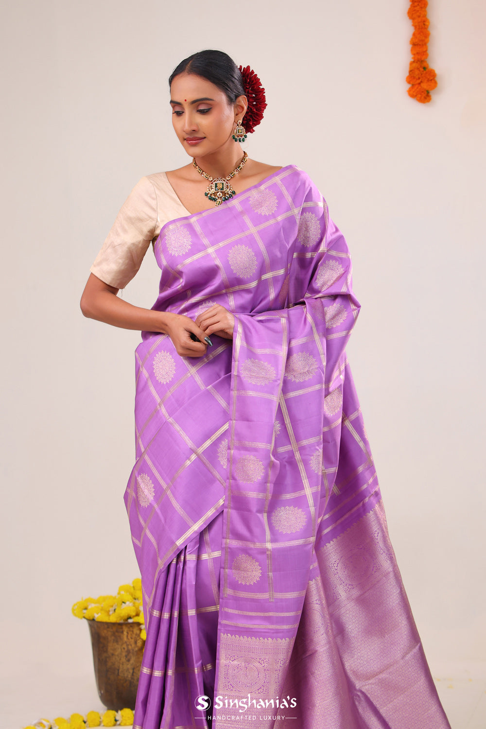 French Mauve Checks-Chkara Kanjivaram Silk Saree