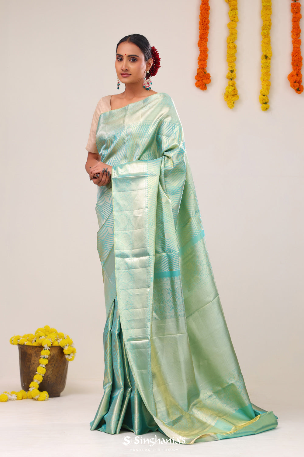 Tiffany Blue Kanjivaram Silk Saree