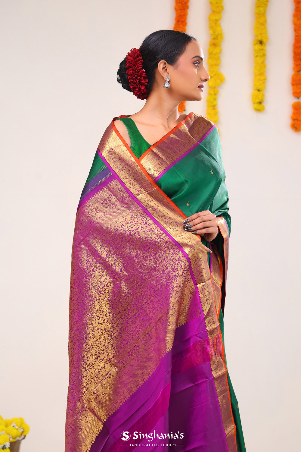 Bottle Green Heritage Kanjivaram Silk Saree