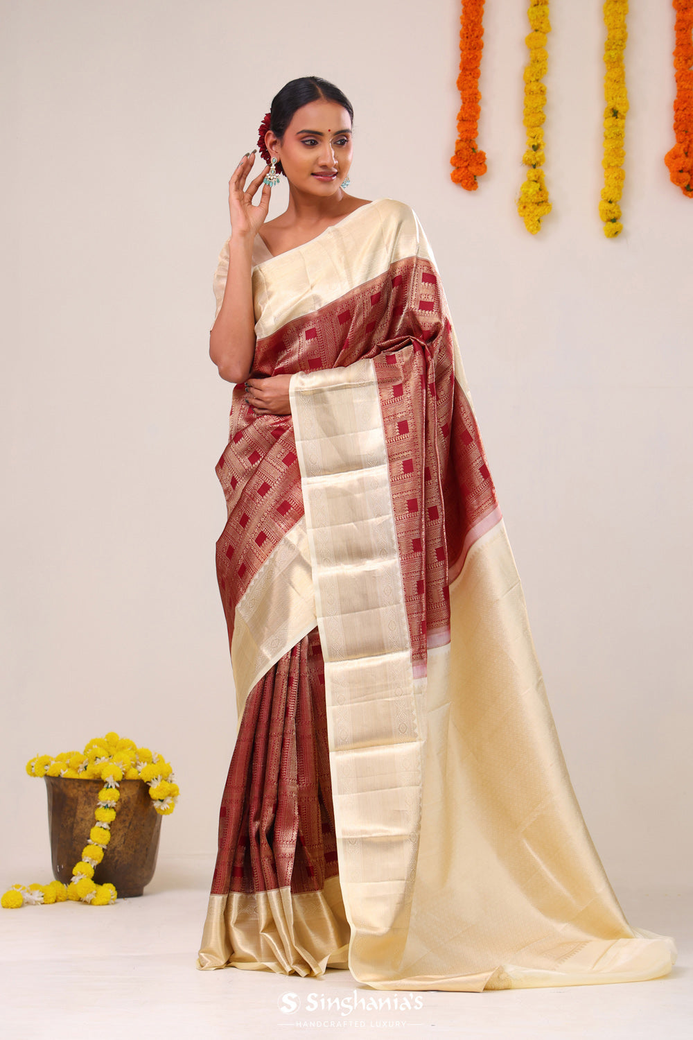 Crimson Maroon Traditional Kanjivaram Silk Saree