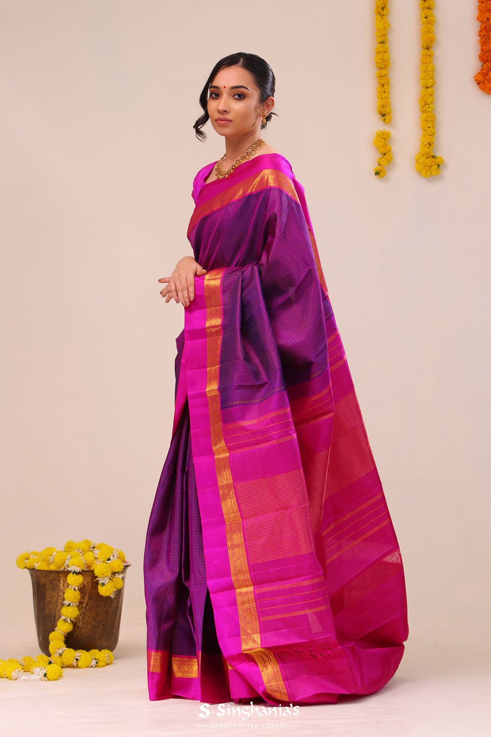 Eminence Purple Checks Kanjivaram Silk Saree