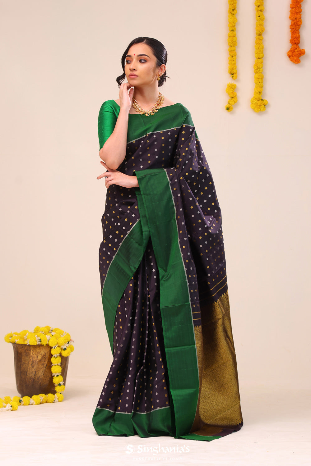 Night Black Butta Kanjivaram Silk Saree