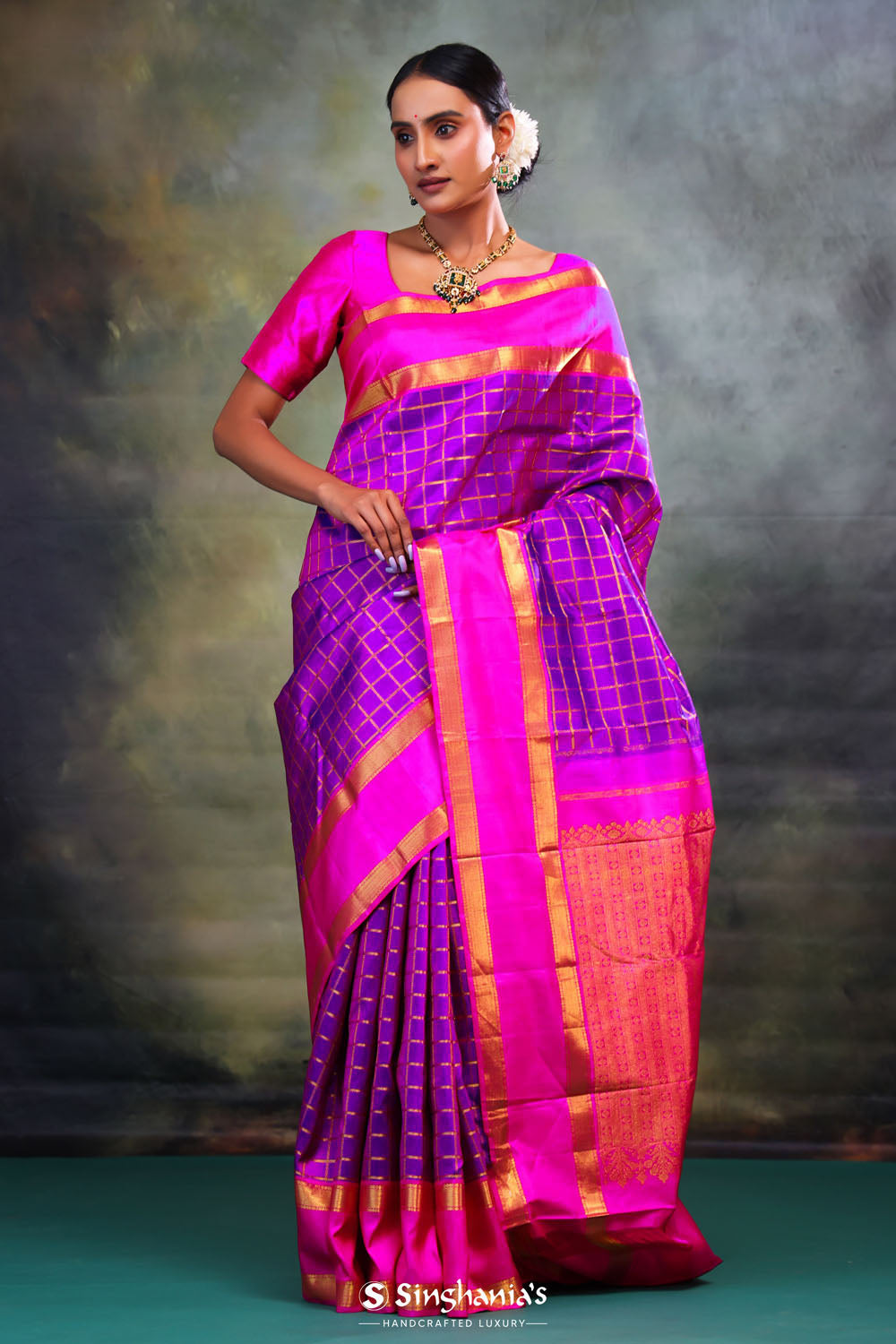 True Purple Checks Kanjivaram Silk Saree