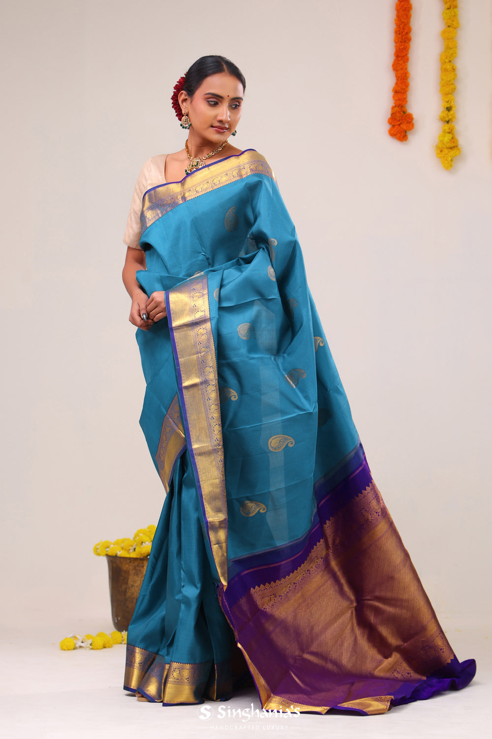 Blue Sapphire Paisley Kanjivaram Silk Saree