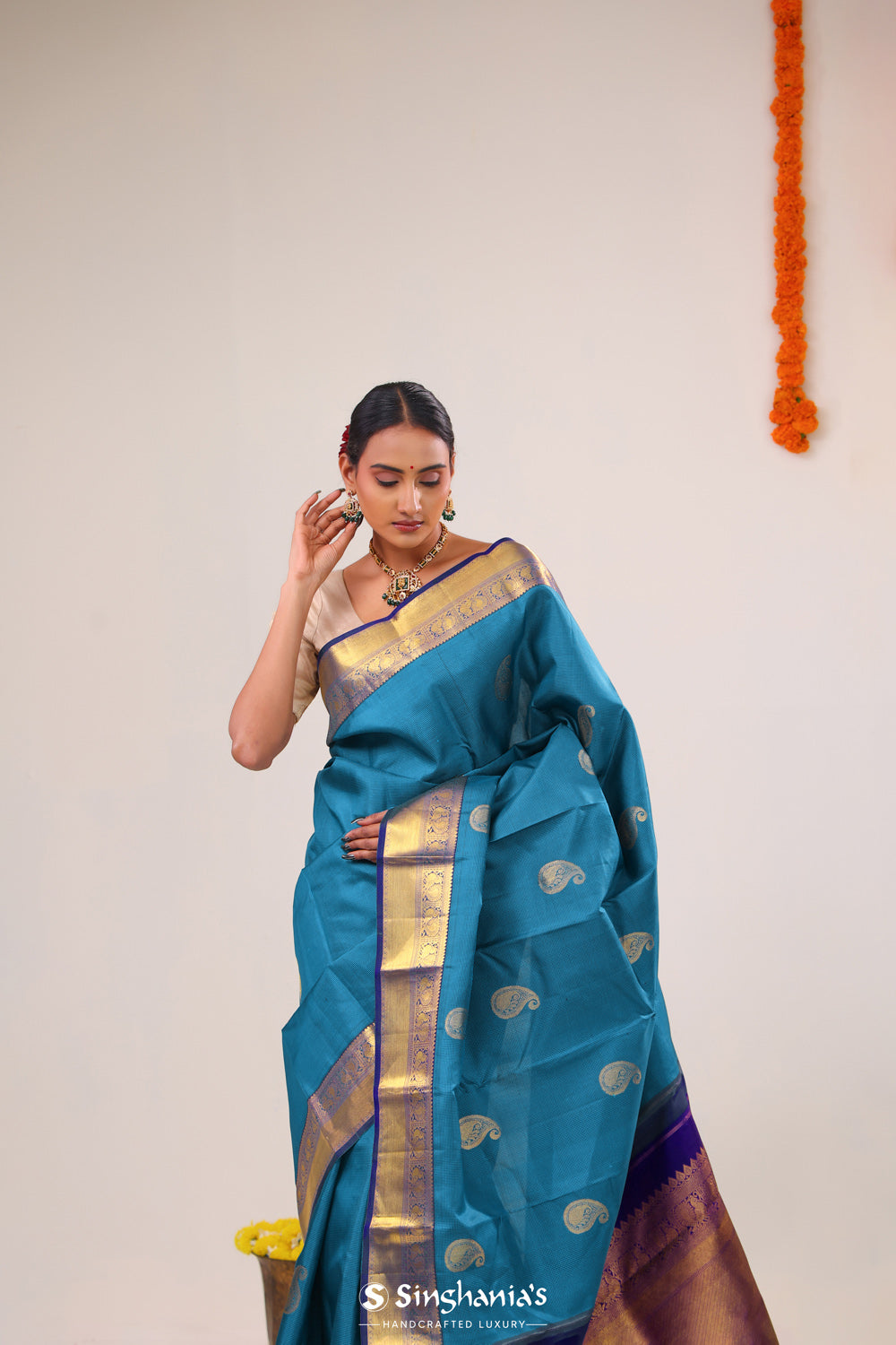 Blue Sapphire Paisley Kanjivaram Silk Saree