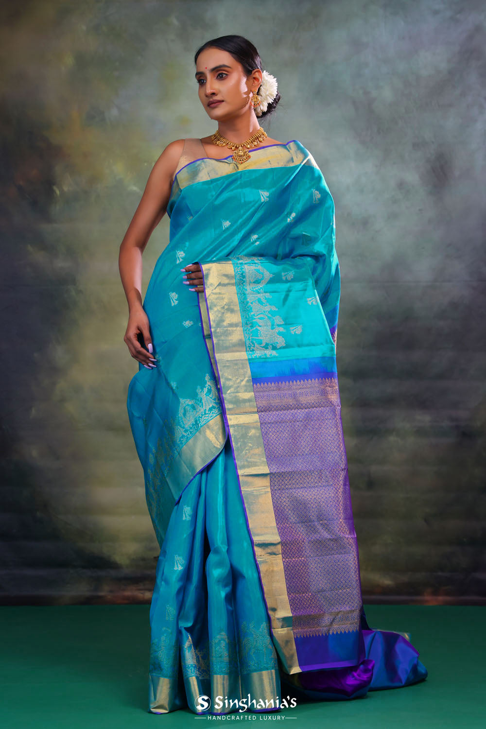 Mosaic Blue Butti Kanjivaram Silk Saree