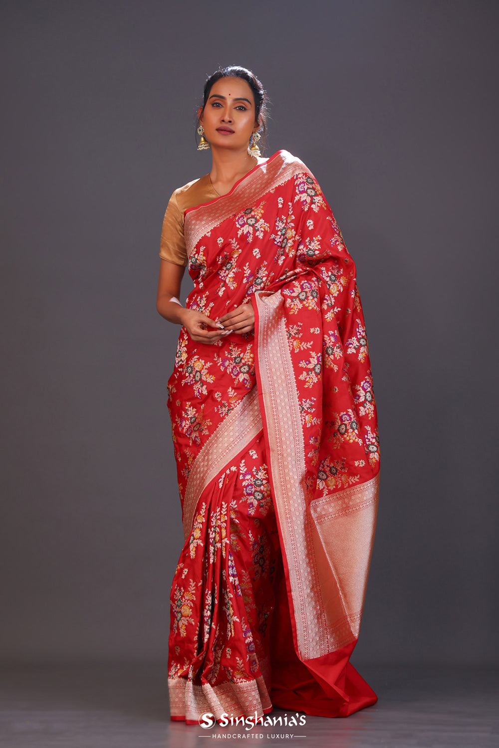 Bright Red Floral Banarasi Silk Saree