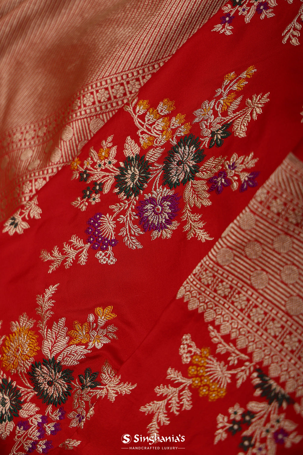 Bright Red Floral Banarasi Silk Saree