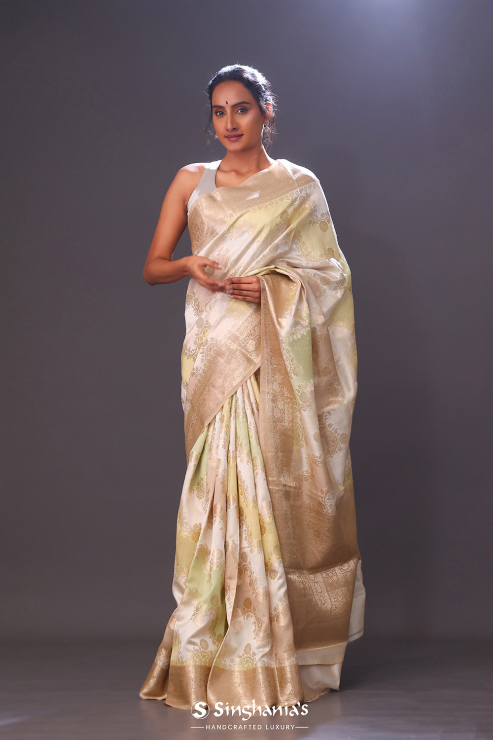 Champagne Peach Multicolour Chiniya Banarasi Silk Saree