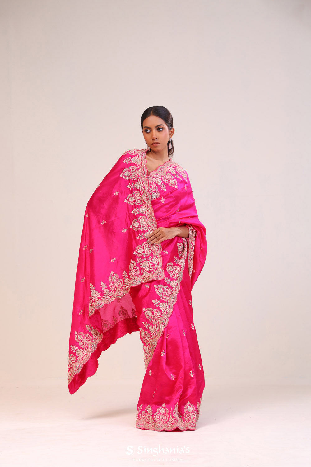 Deep Pink Silk Handcrafted Saree