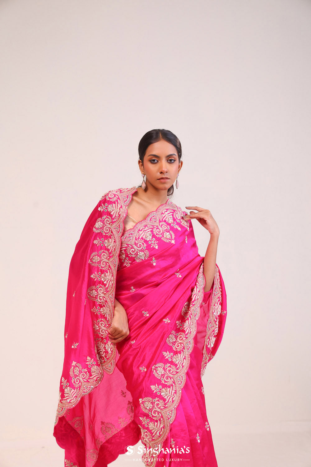 Deep Pink Silk Handcrafted Saree