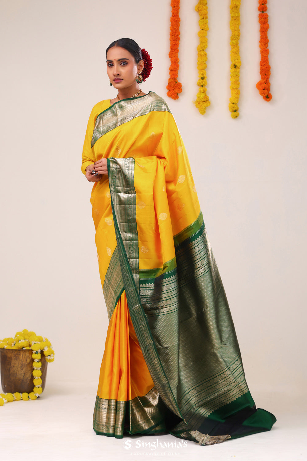 Saffron Yellow Butta Kanjivaram Silk Saree