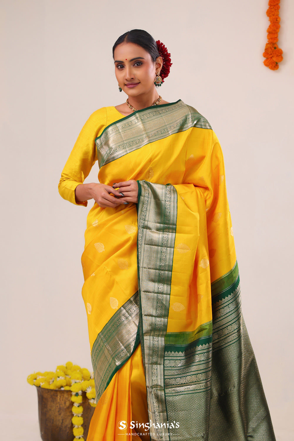 Saffron Yellow Butta Kanjivaram Silk Saree