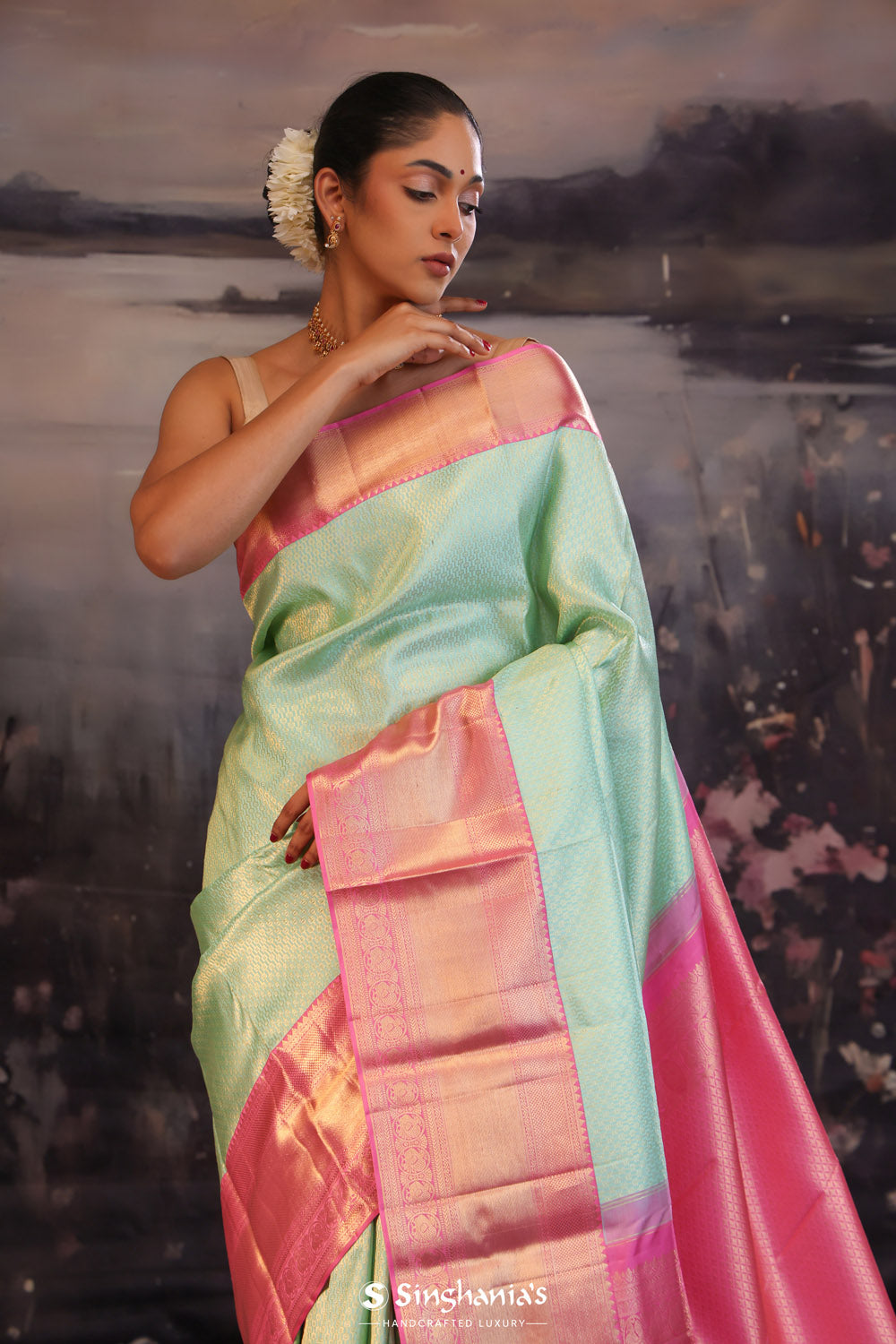 Mint Green Jaali Kanjivaram Silk Saree