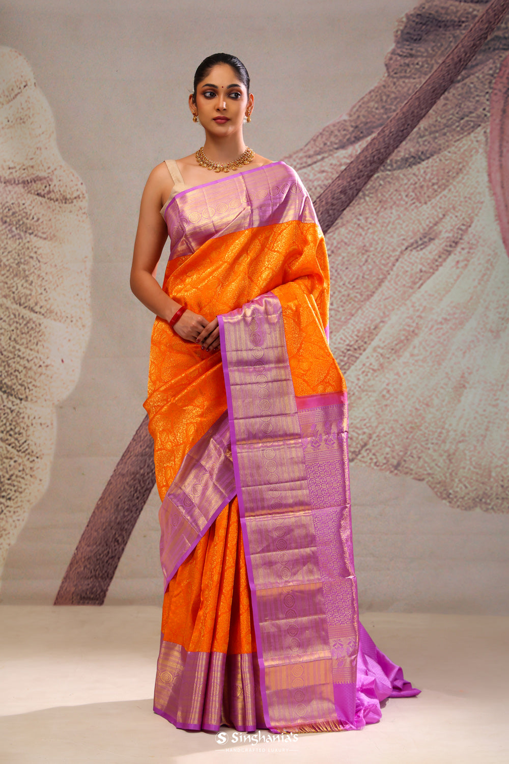 Vivid Orange Jaal Kanjivaram Silk Saree