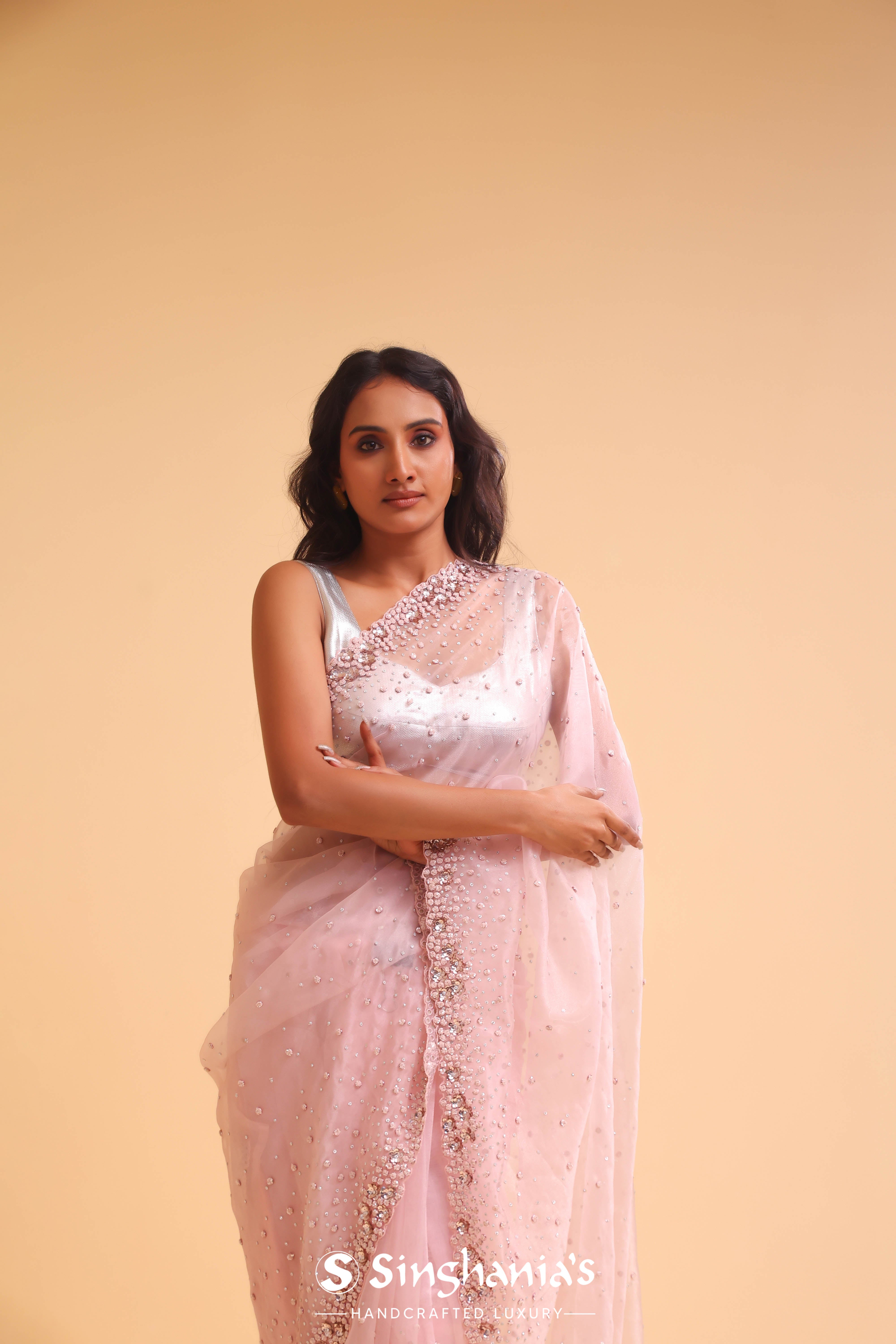 Pastel Pink Organza Handcrafted Saree