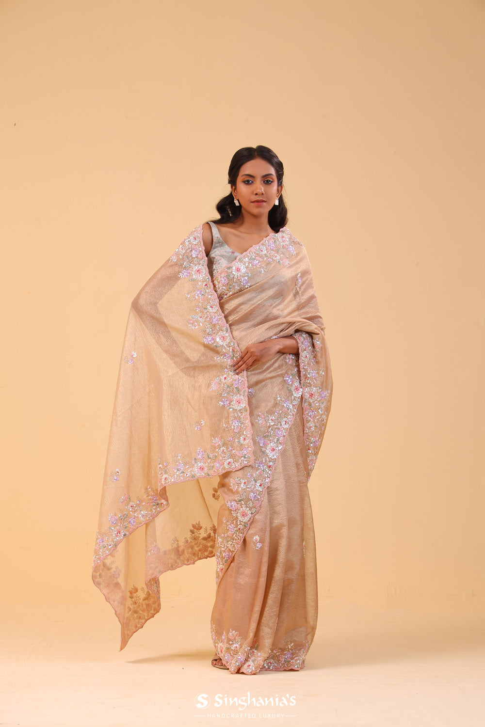 Pale Pink Crushed Tissue Handcrafted Saree