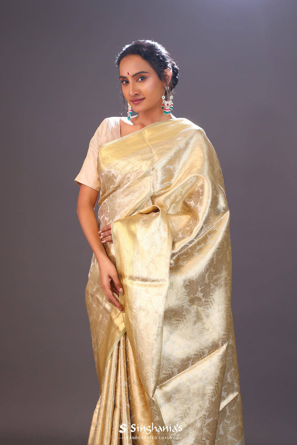 Ecru Gold Floral Tissue Chiniya Banarasi Saree