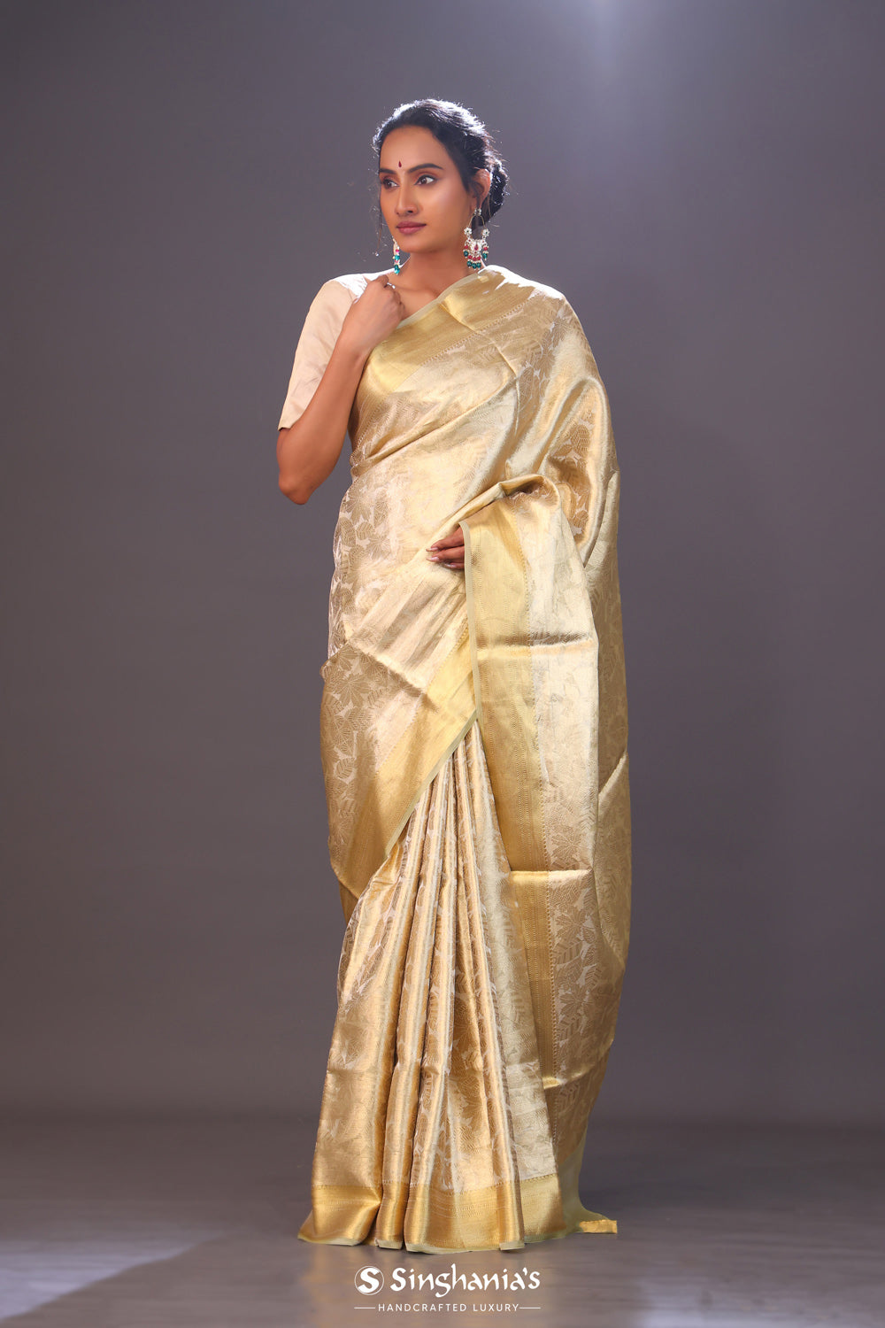 Ecru Gold Floral Tissue Chiniya Banarasi Saree