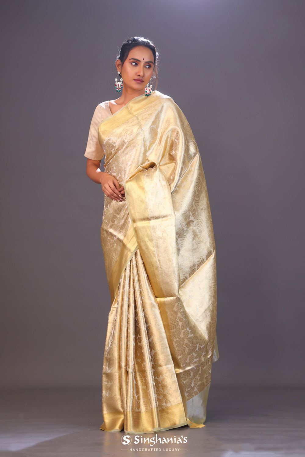 Ecru Gold Floral Tissue Chiniya Banarasi Saree