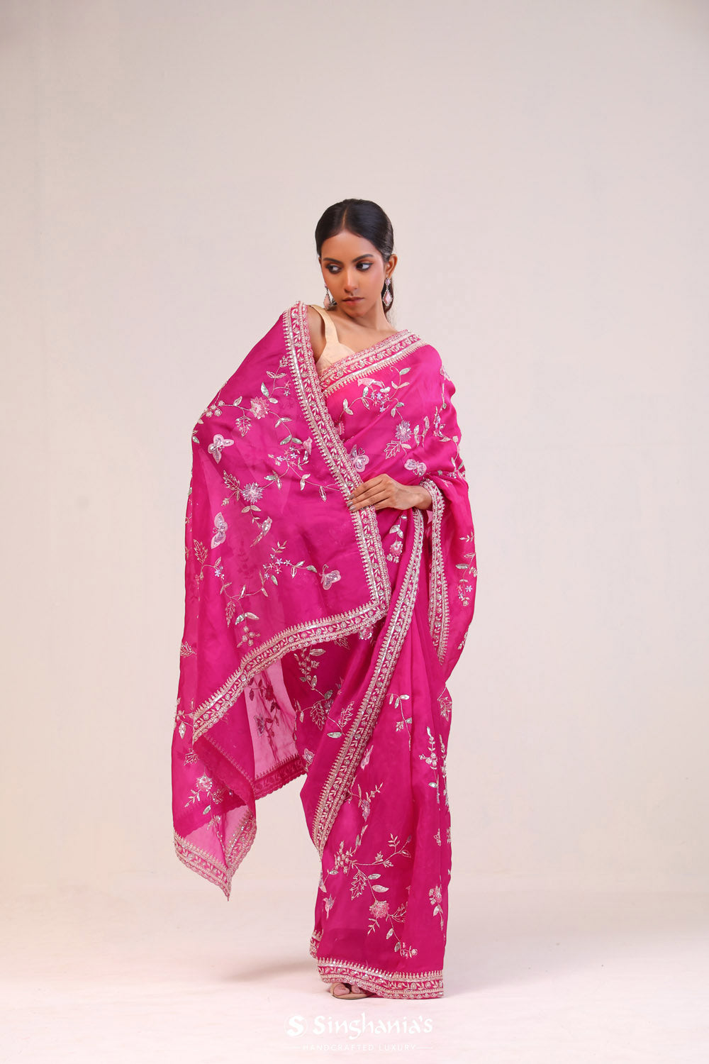 Rani Pink Organza Handcrafted Saree