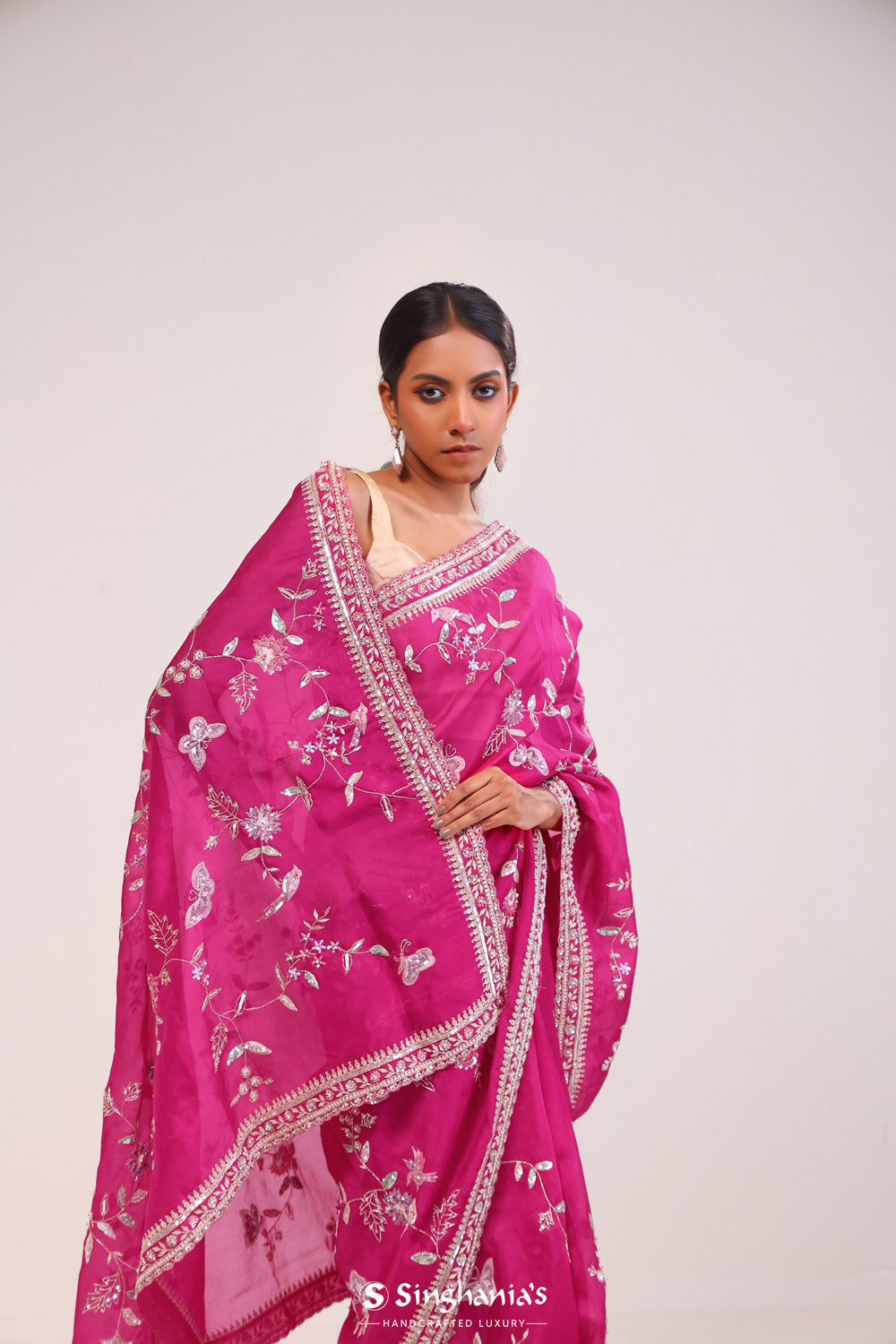 Rani Pink Organza Handcrafted Saree