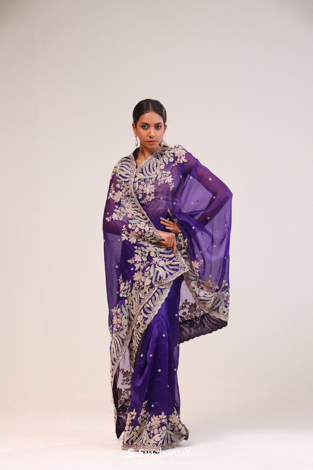 Picotee Blue Organza Handcrafted Saree