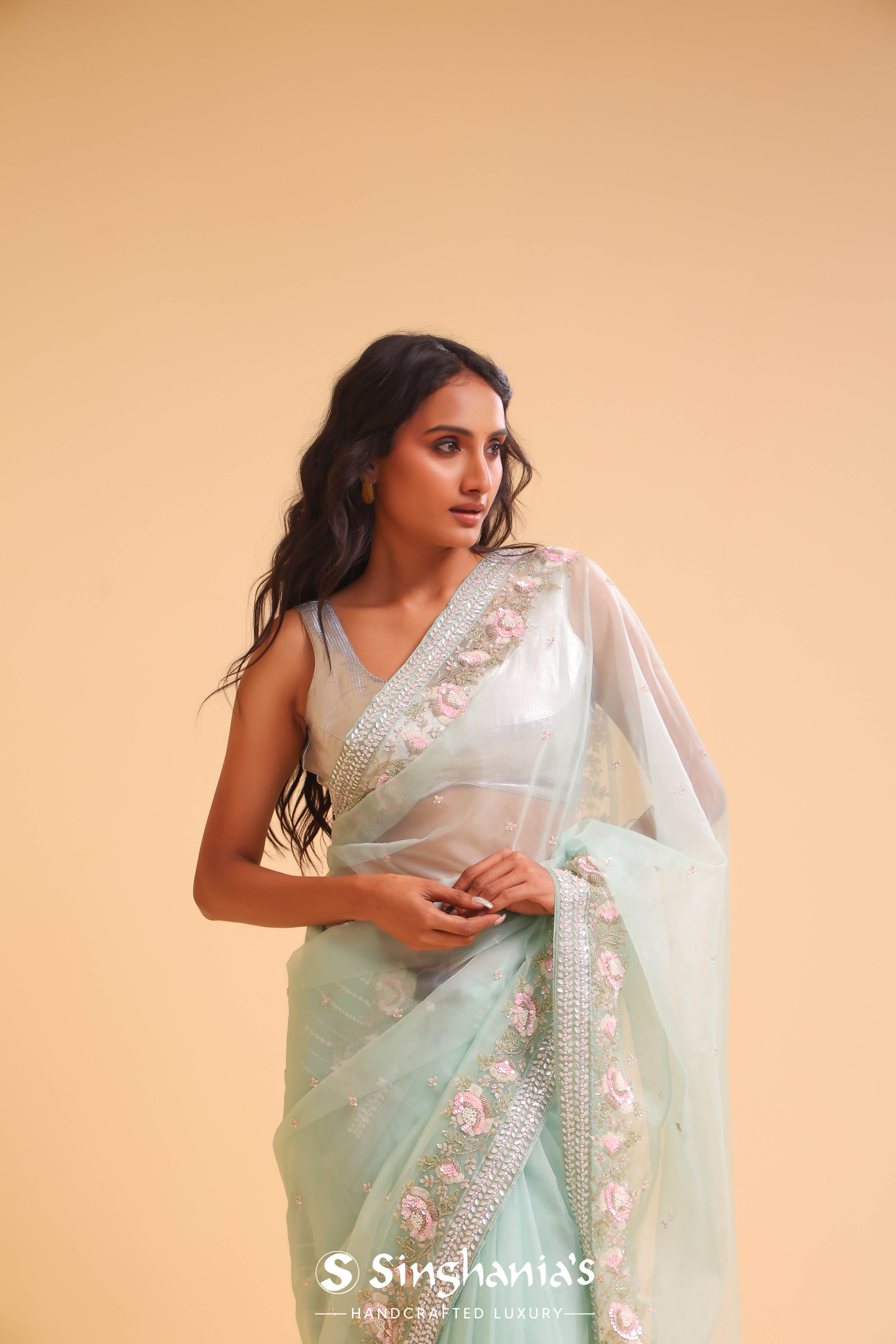 Middle Blue Green Organza Handcrafted Saree