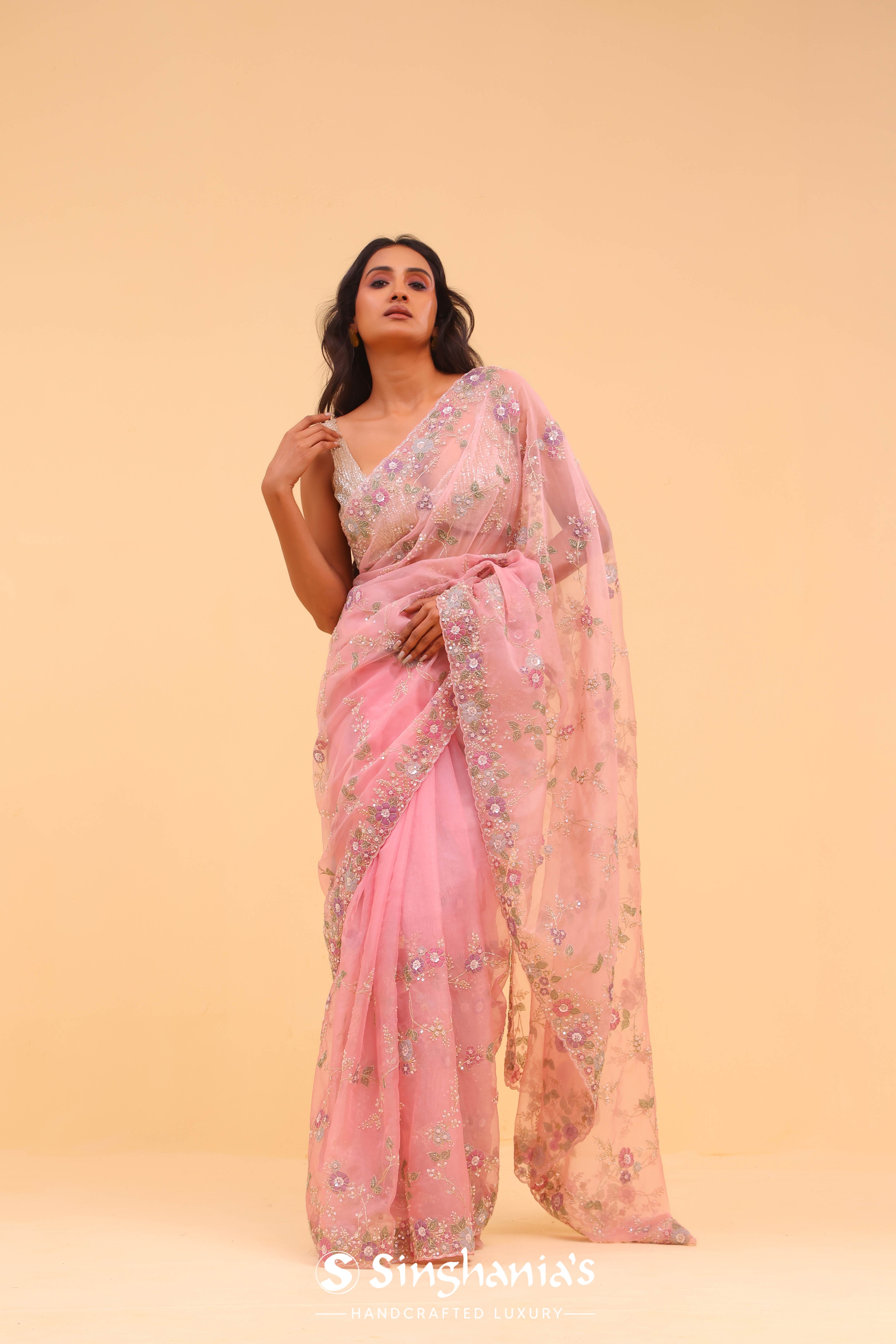 Cameo Pink Organza Handcrafted Saree