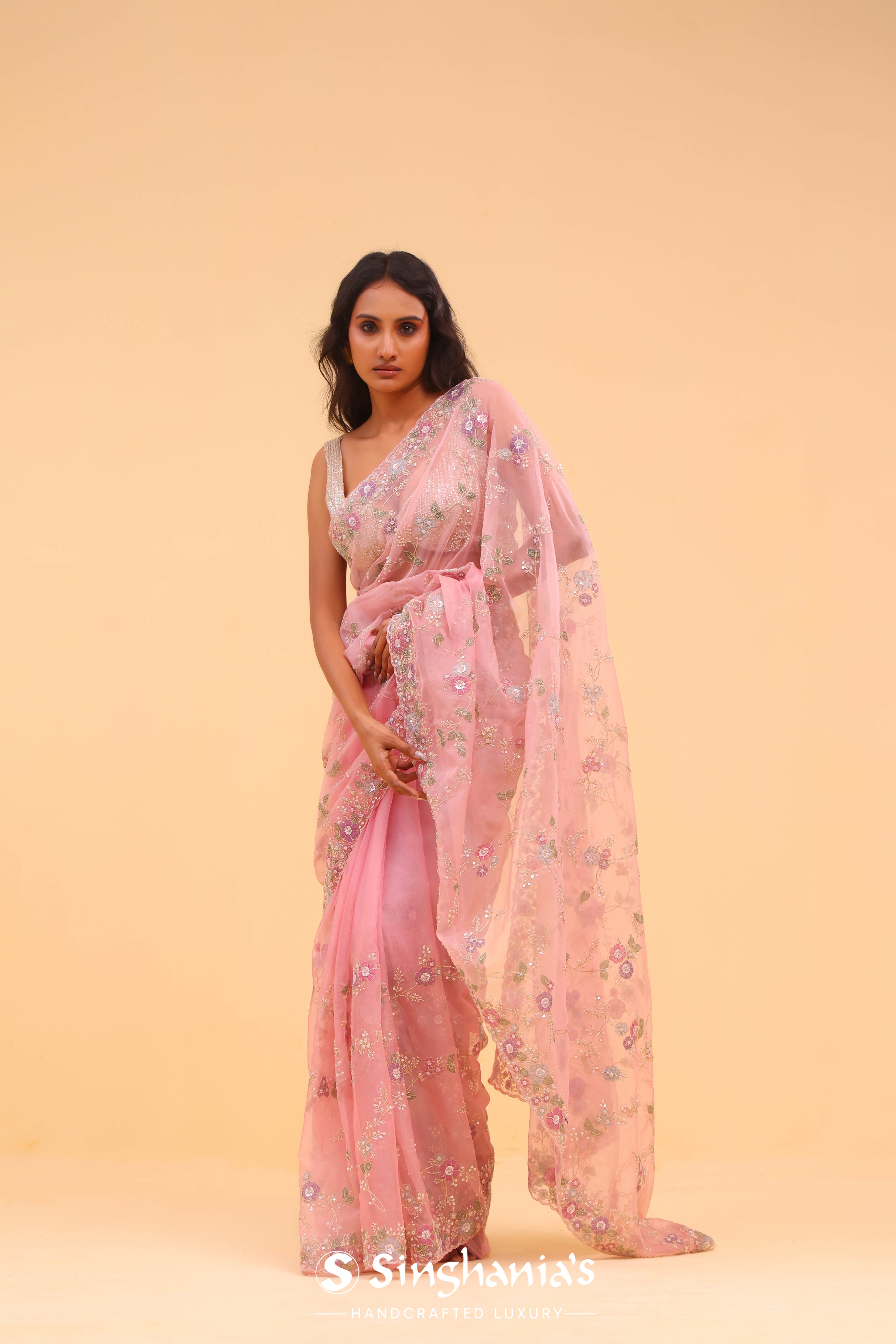 Cameo Pink Organza Handcrafted Saree