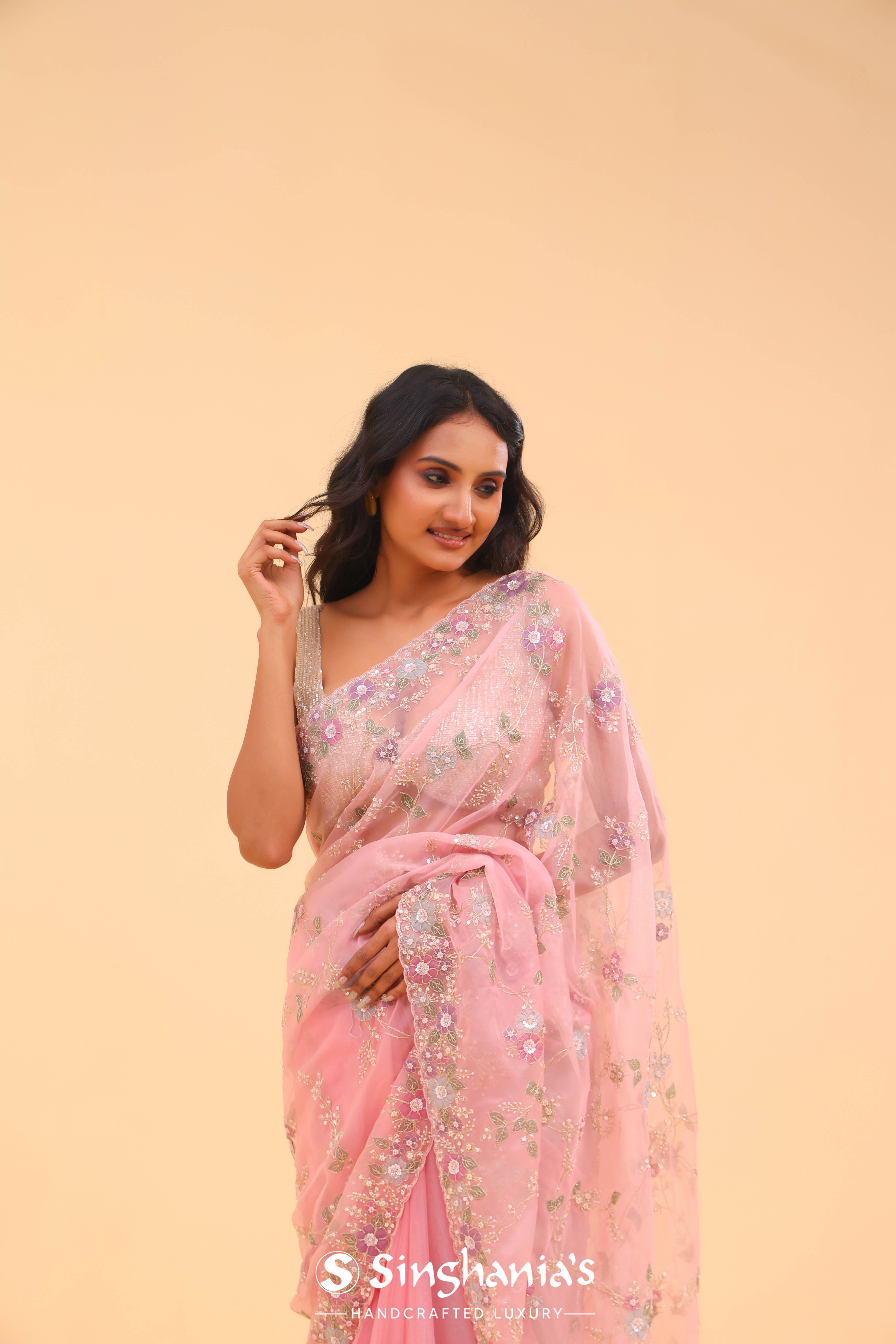 Cameo Pink Organza Handcrafted Saree