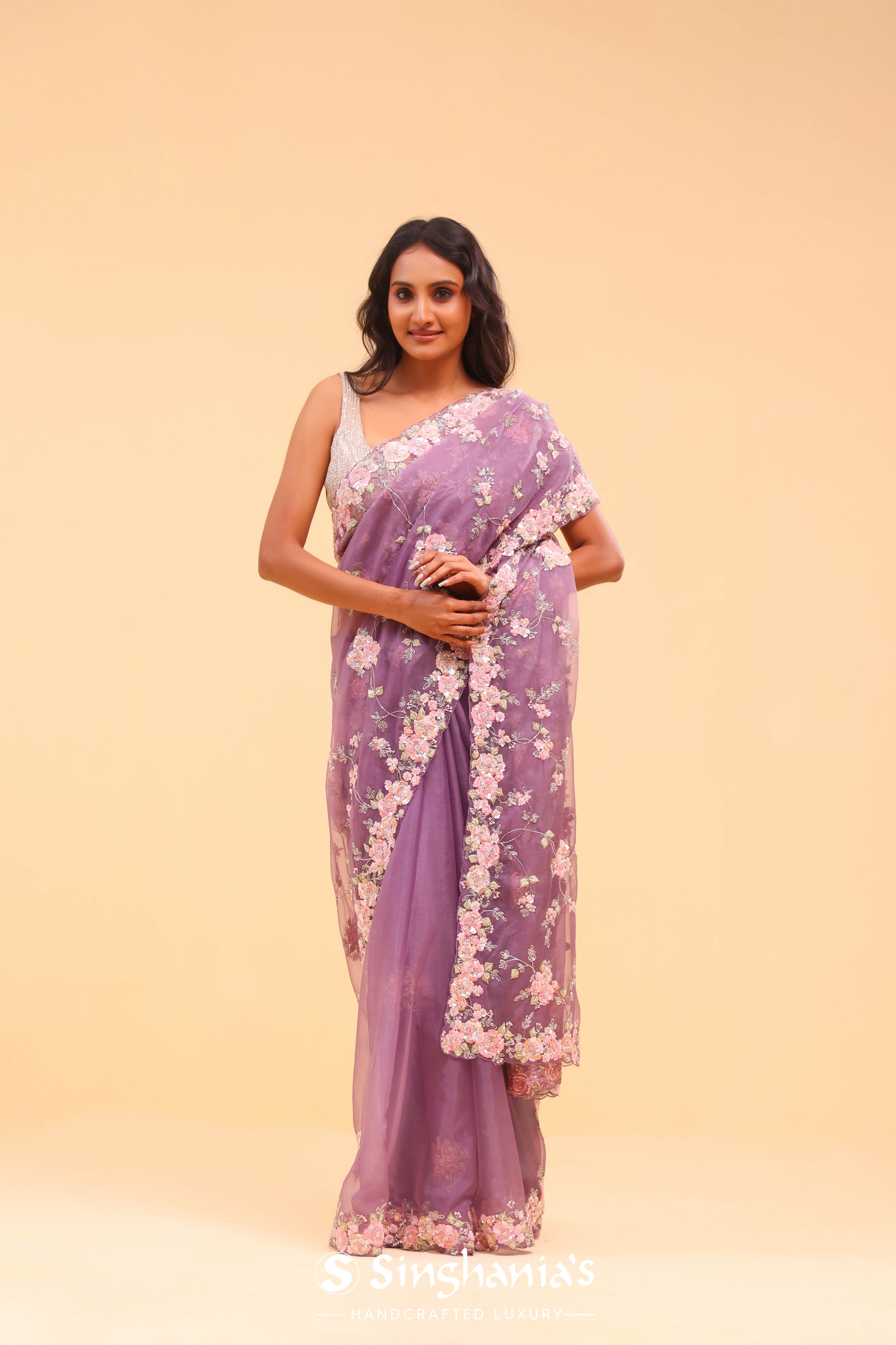 African Violet Organza Handcrafted Saree