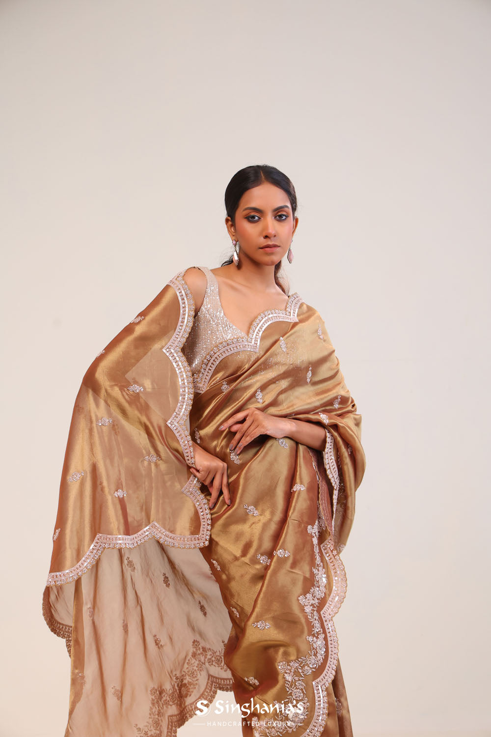 Golden Brown Handcrafted Tissue Saree