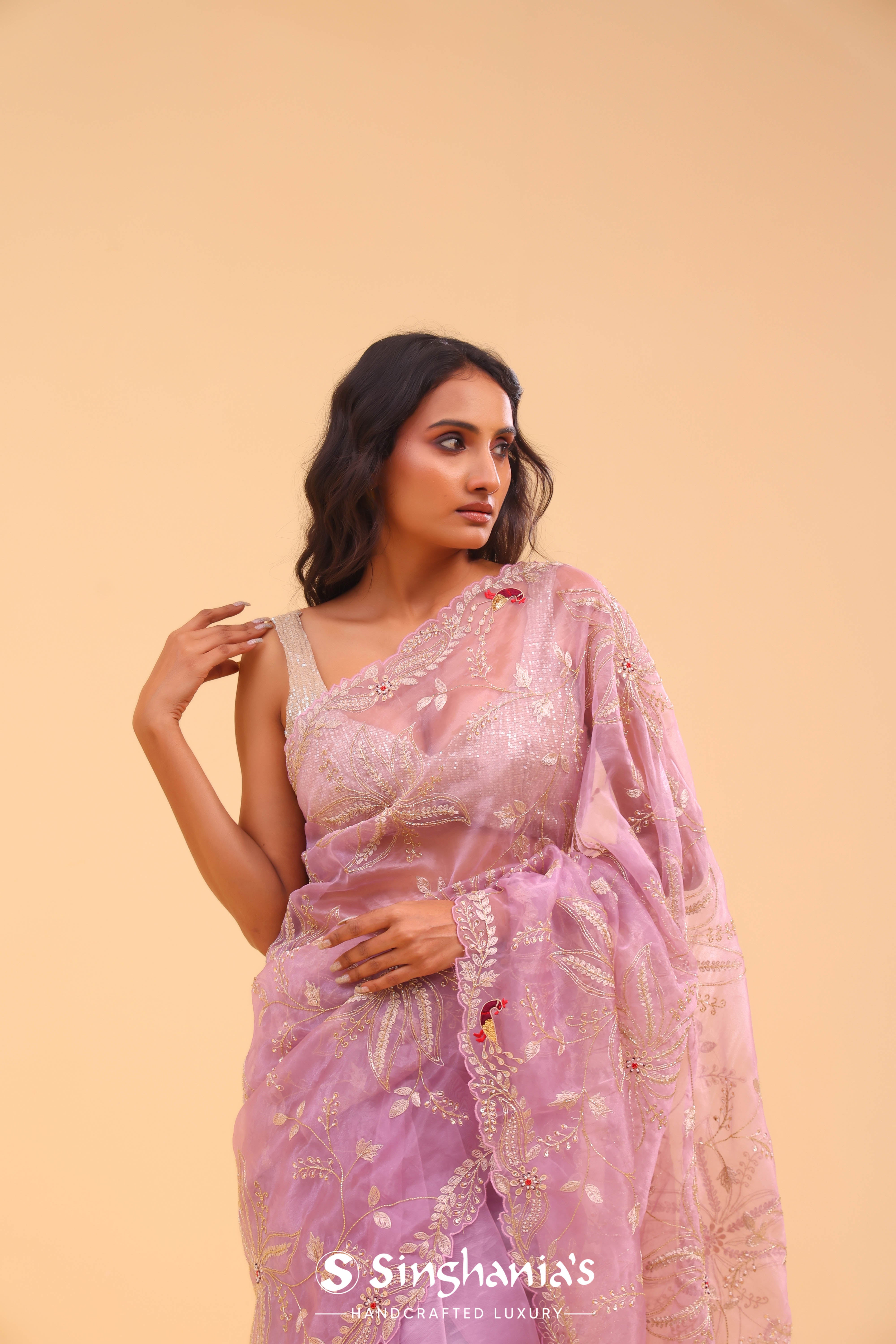 Orchid Purple Organza Handcrafted Saree