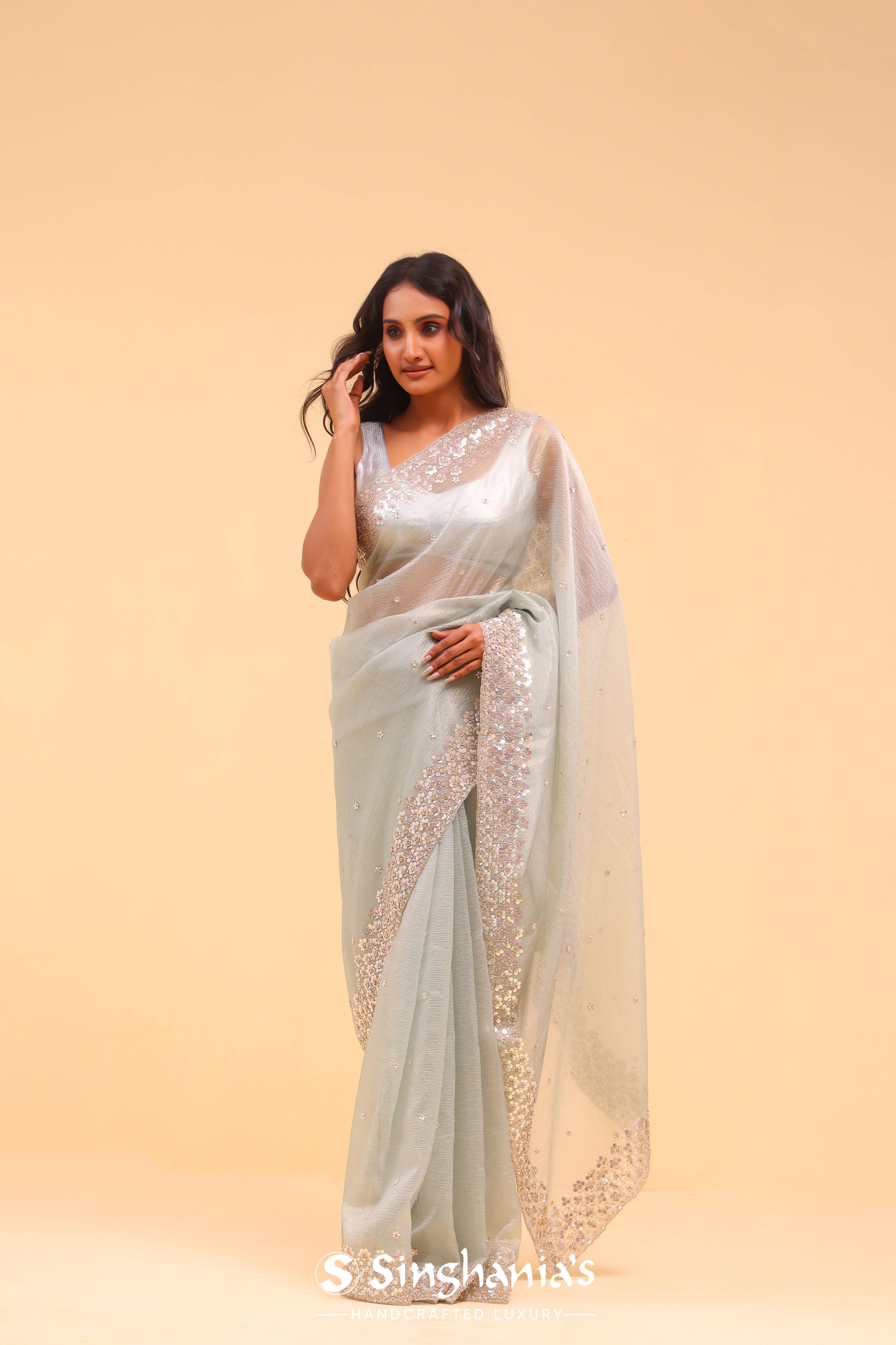 Beau Blue Crushed Tissue Handcrafted Saree