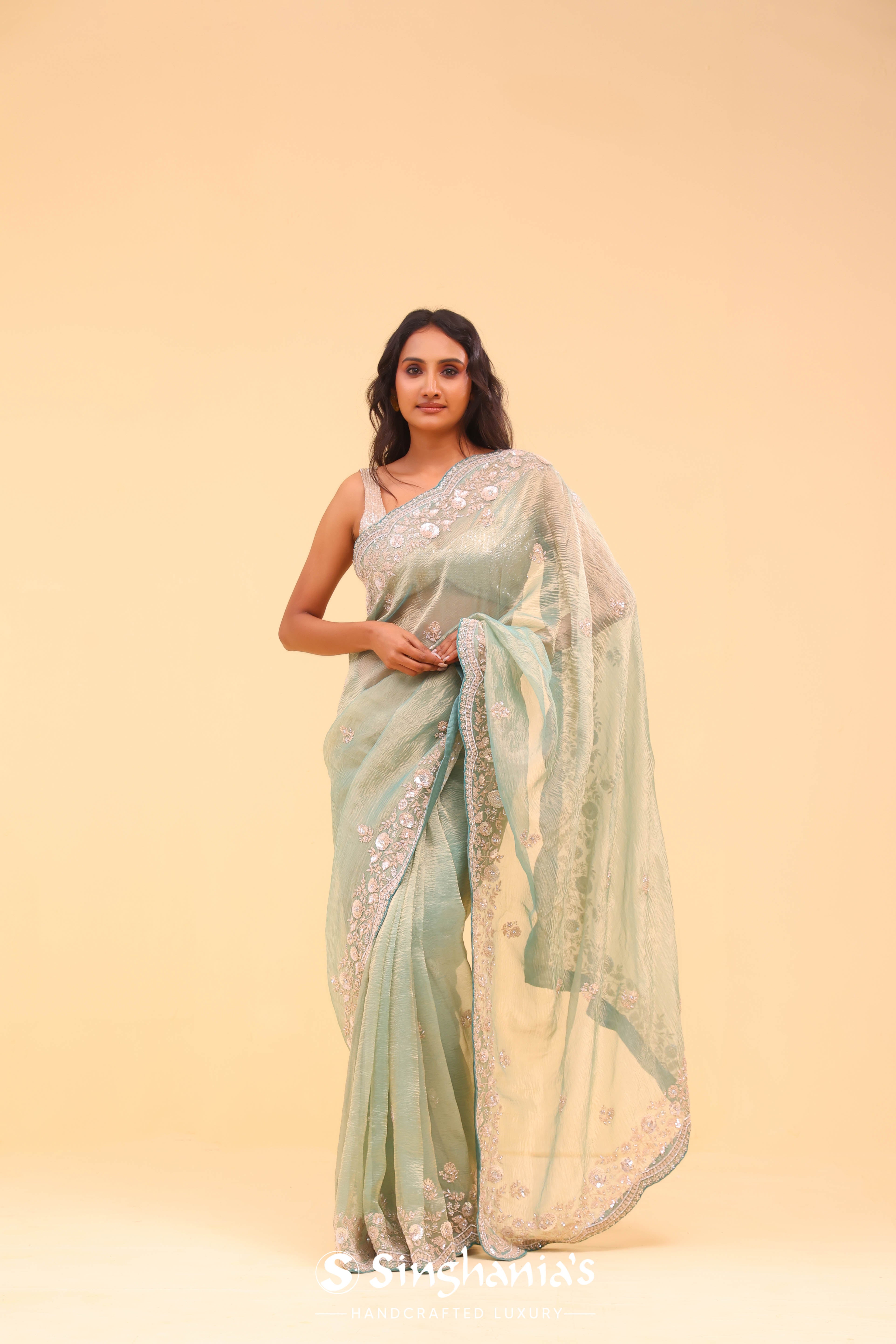 Powder Blue Crushed Organza Handcrafted Saree