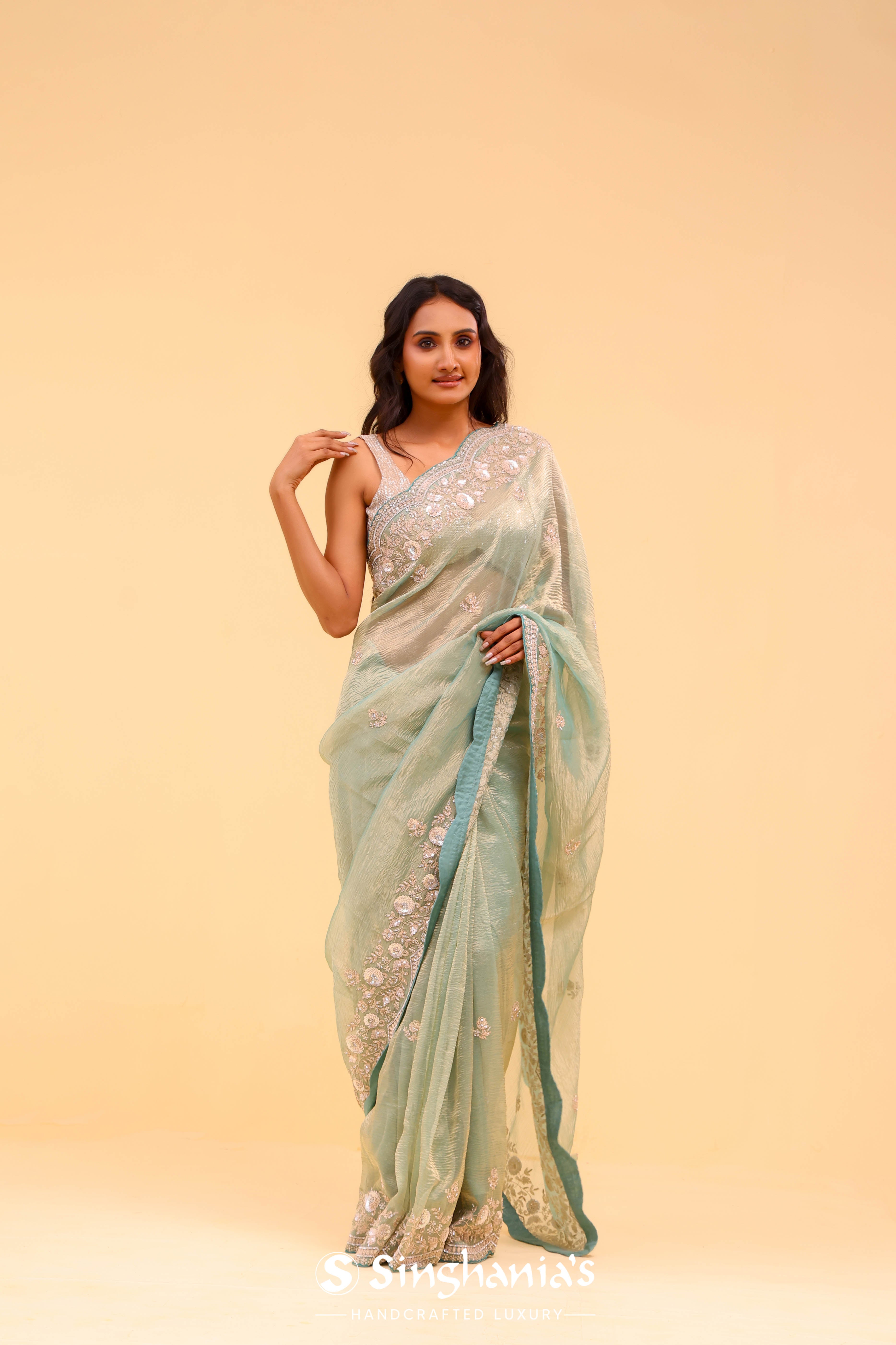 Powder Blue Crushed Organza Handcrafted Saree