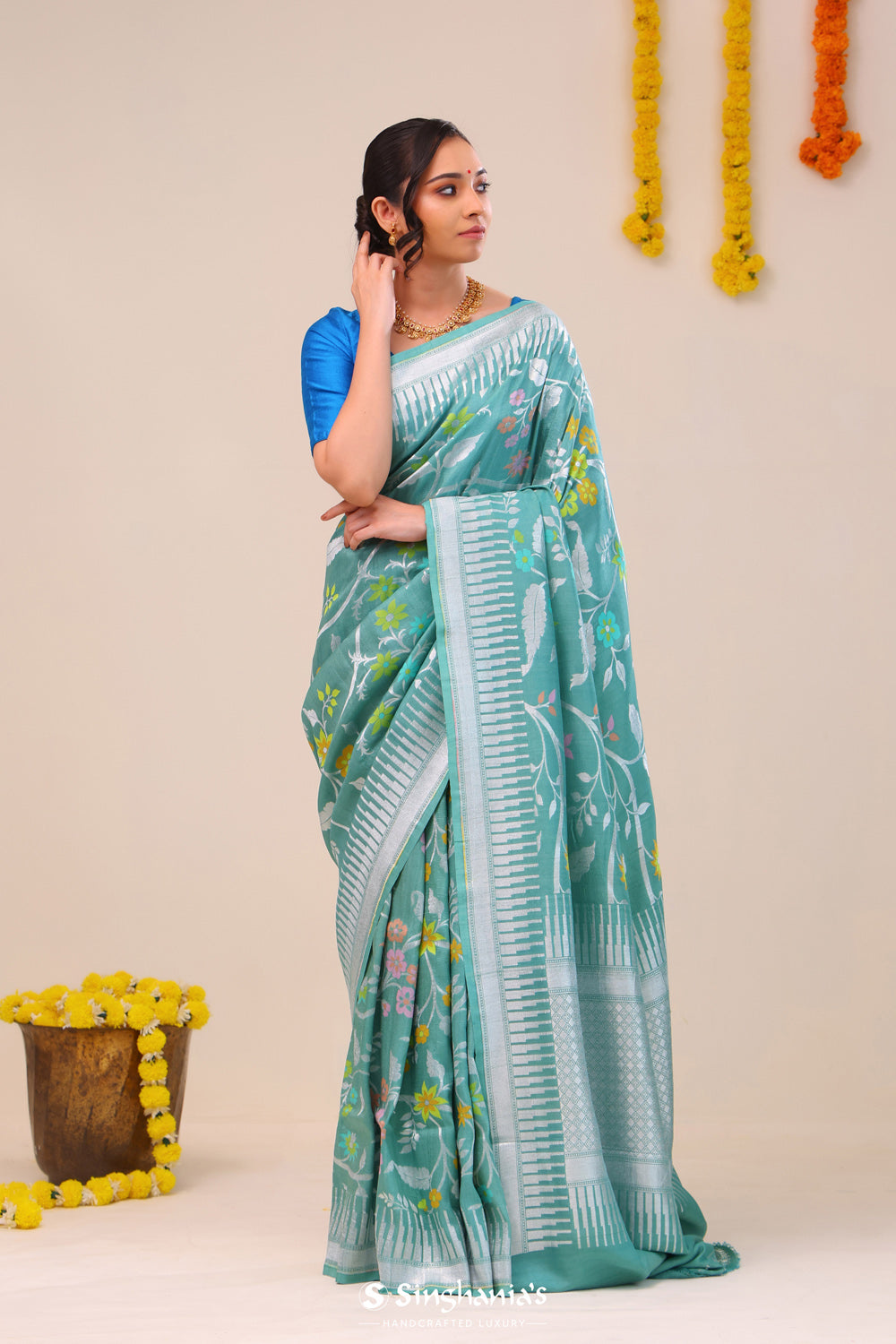 Verdigris Green Floral Banarasi Silk Saree