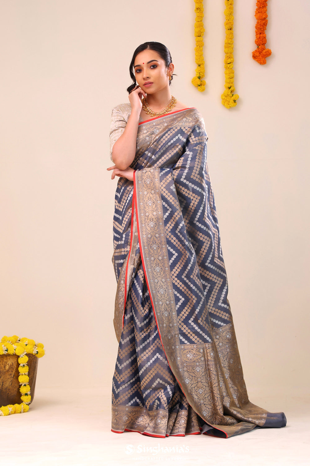 Greyish Blue Banarasi Silk Saree