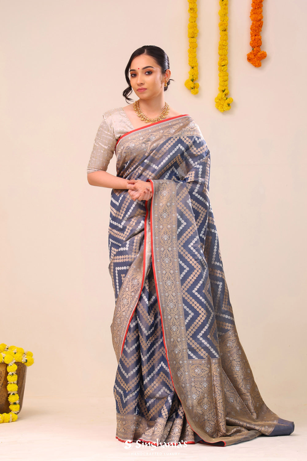 Greyish Blue Banarasi Silk Saree